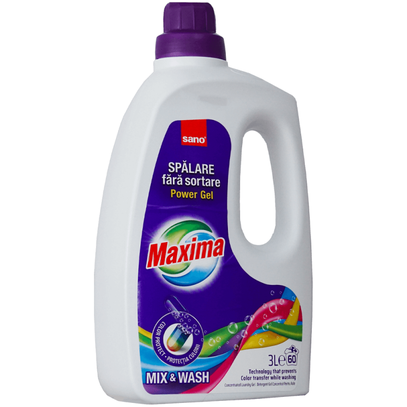 Detergent gel concentrat pentru rufe Sano Maxima Mix&Wash, 60 spalari, 3 litri